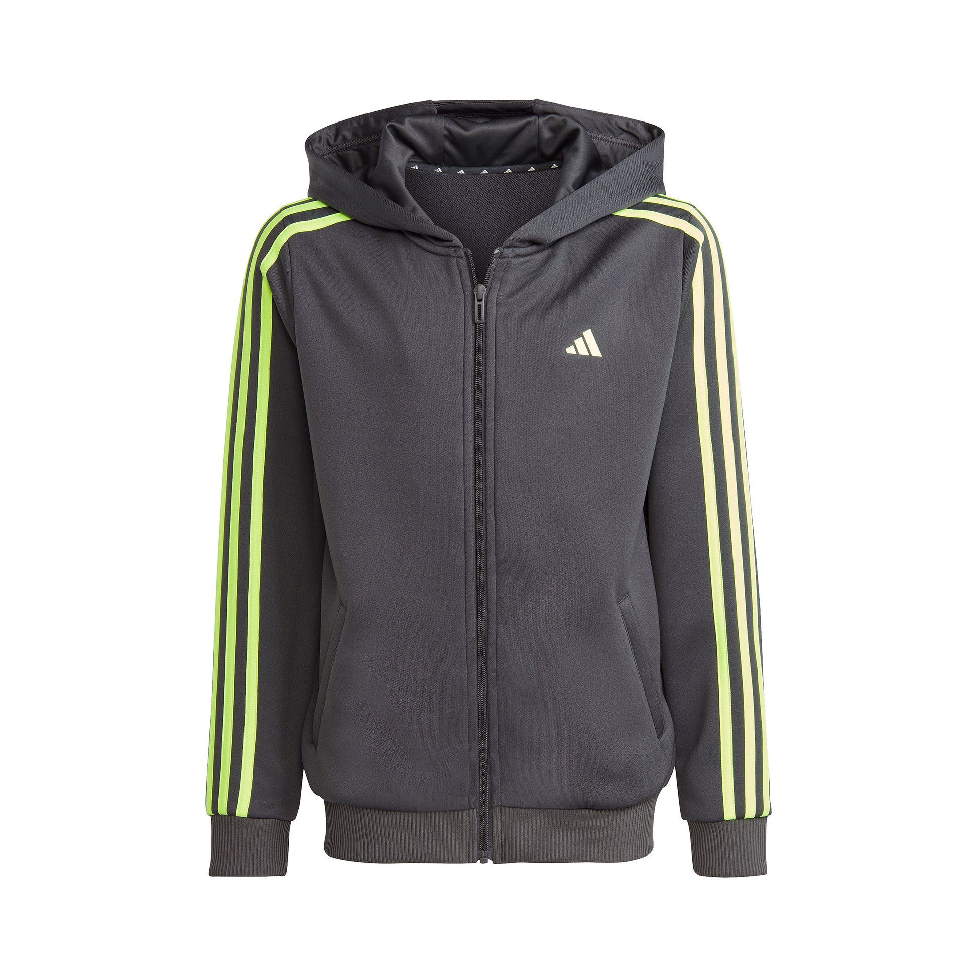 adidas Training ES 3 Stripes Full-Zip Zip Hoodie Kids - dark grey, neon green